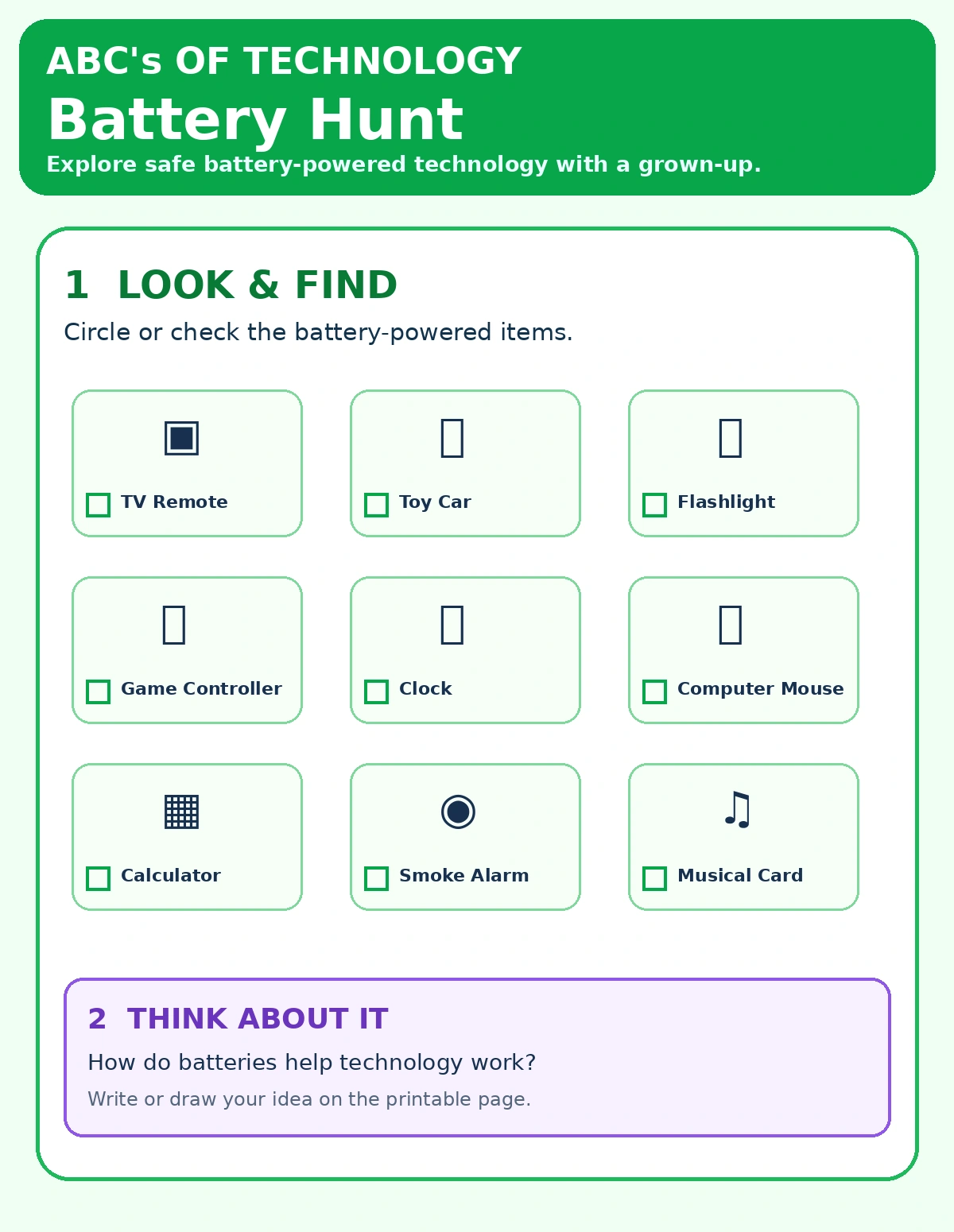Battery Hunt printable STEM activity preview