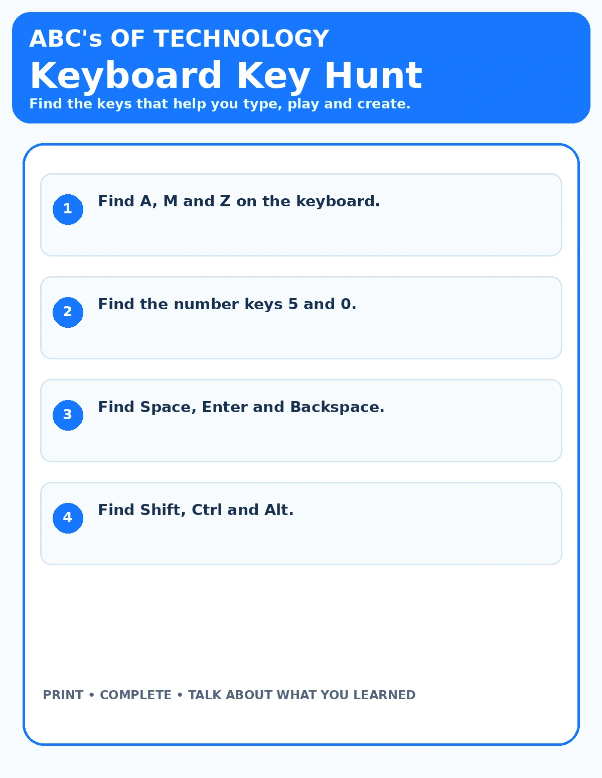 Keyboard Key Hunt printable technology activity