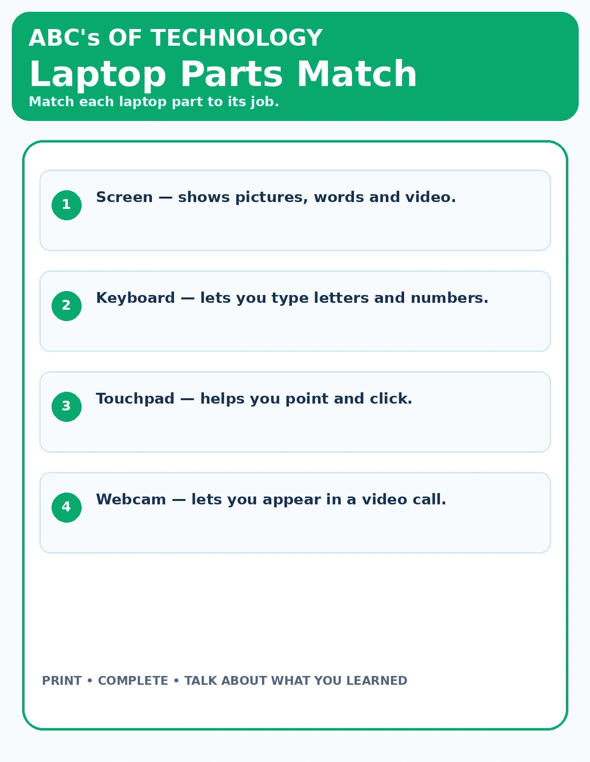 Laptop Parts Match printable technology activity