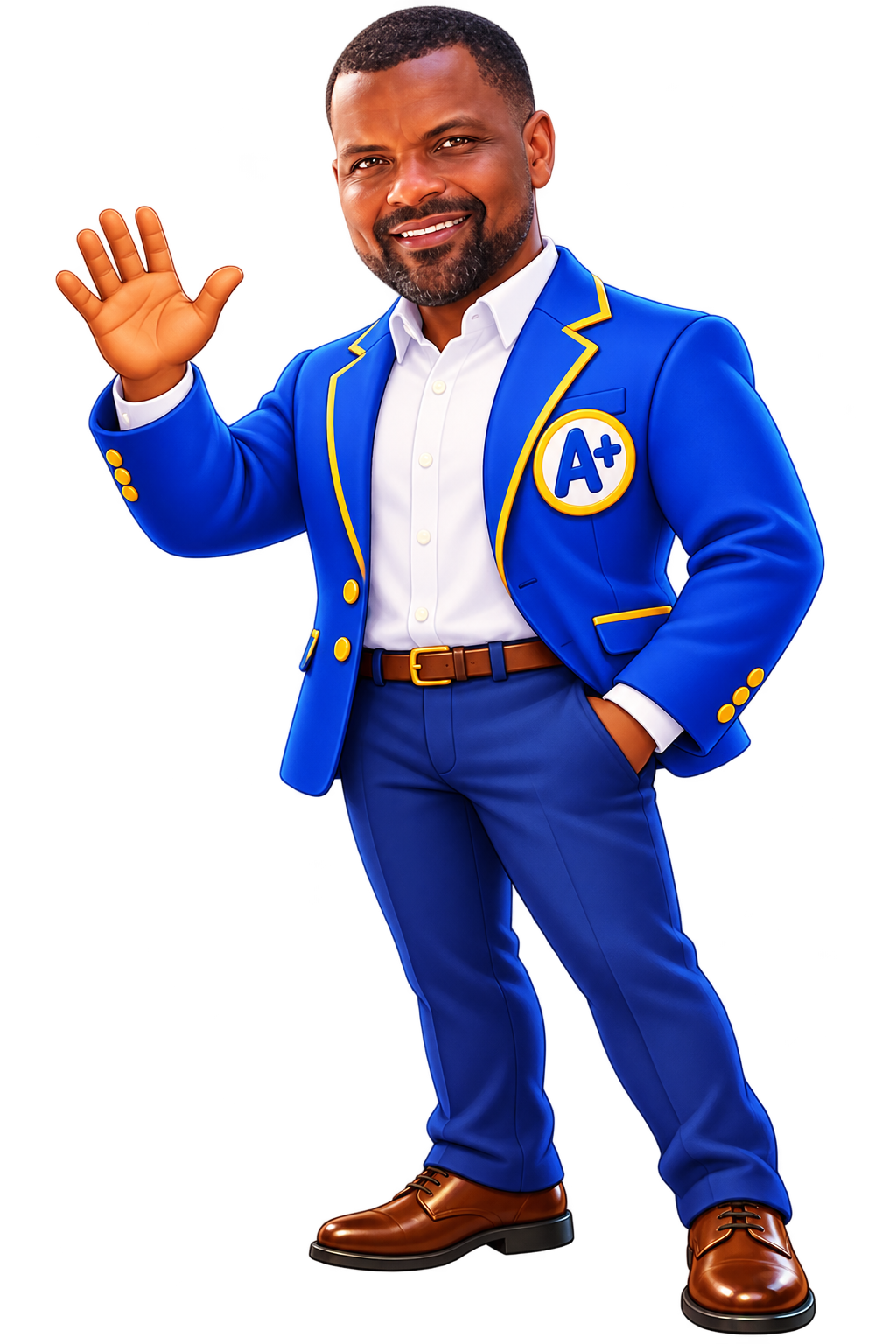 Mr. A Plus, smiling and waving in a blue jacket